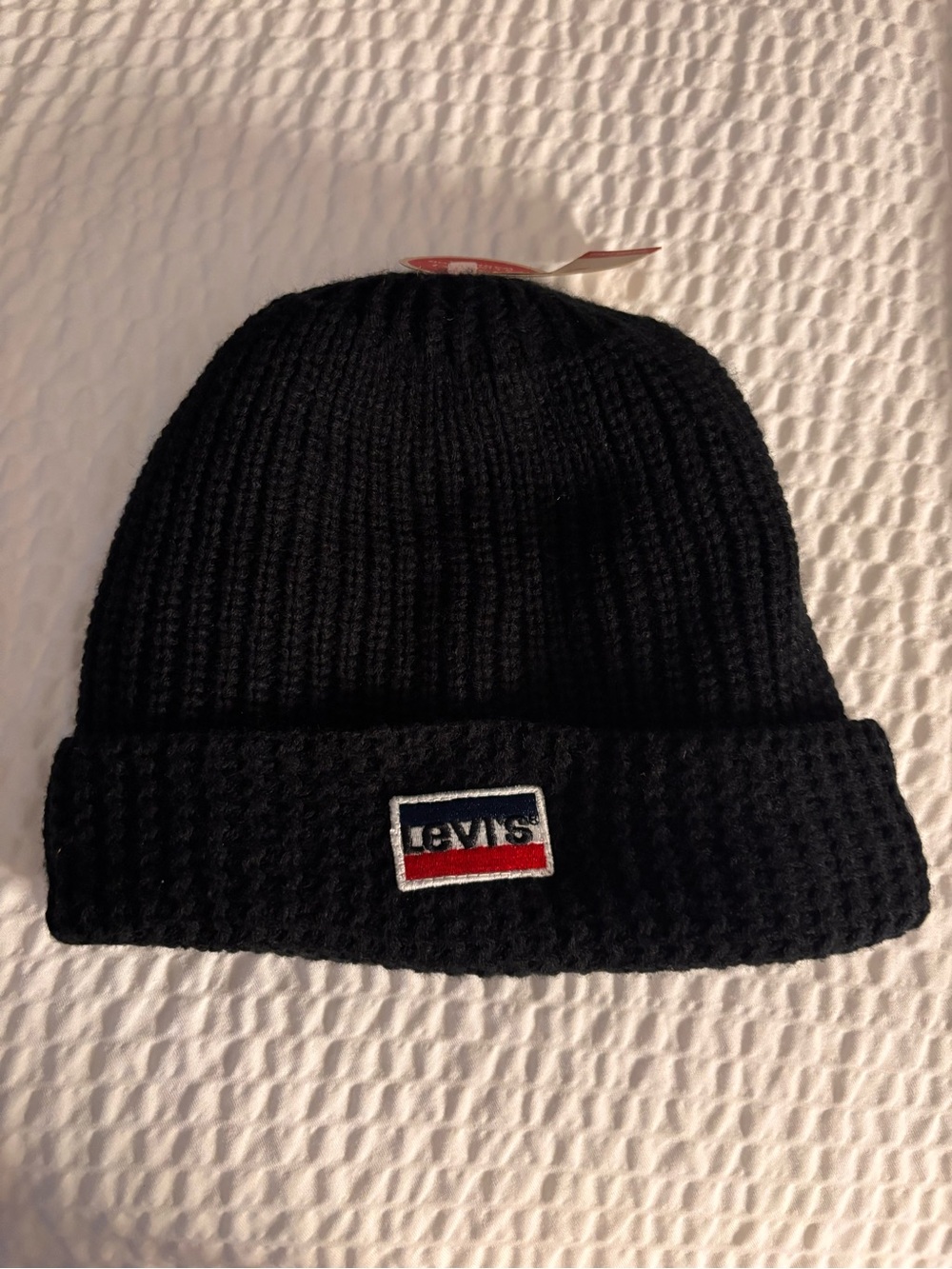Levi's Black Ribbed Cuffed Beanie with Red & Blue Logo
